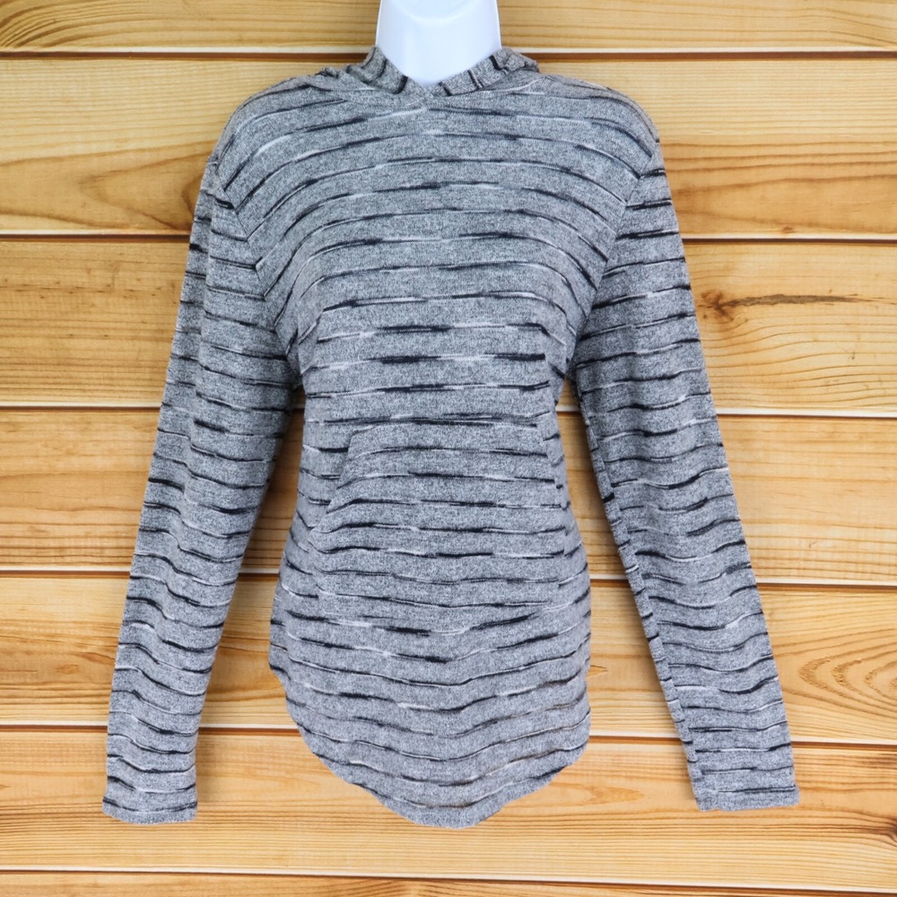 Free For All Hoodie Pullover Womens L Gray Striped Polyester‎ Soft Front Pocket